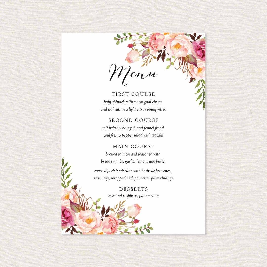 Pink Floral Wedding Menu Card Printable