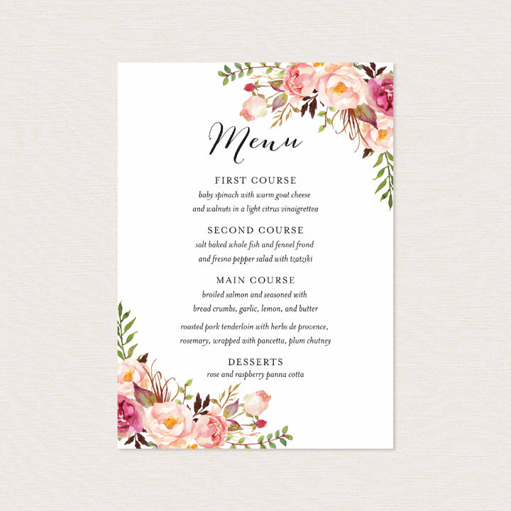 Pink Floral Wedding Menu Card Printable