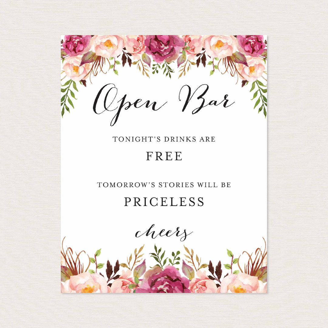 Pink Floral Wedding Open Bar Sign Printable