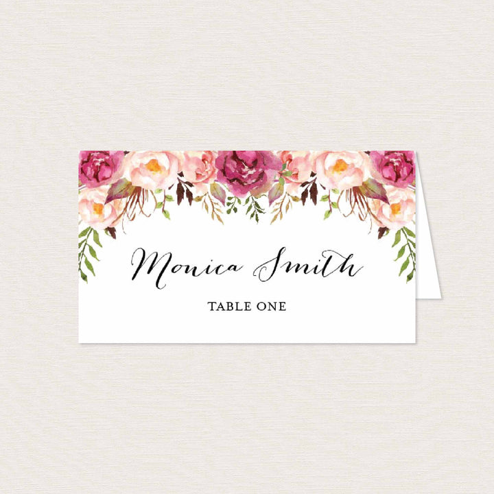 Pink Floral Wedding Place Card Printable