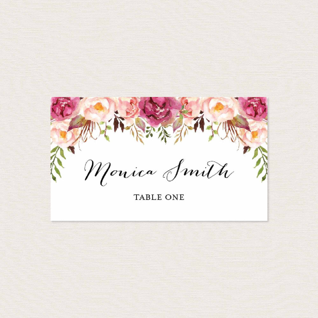 Pink Floral Wedding Place Card Printable