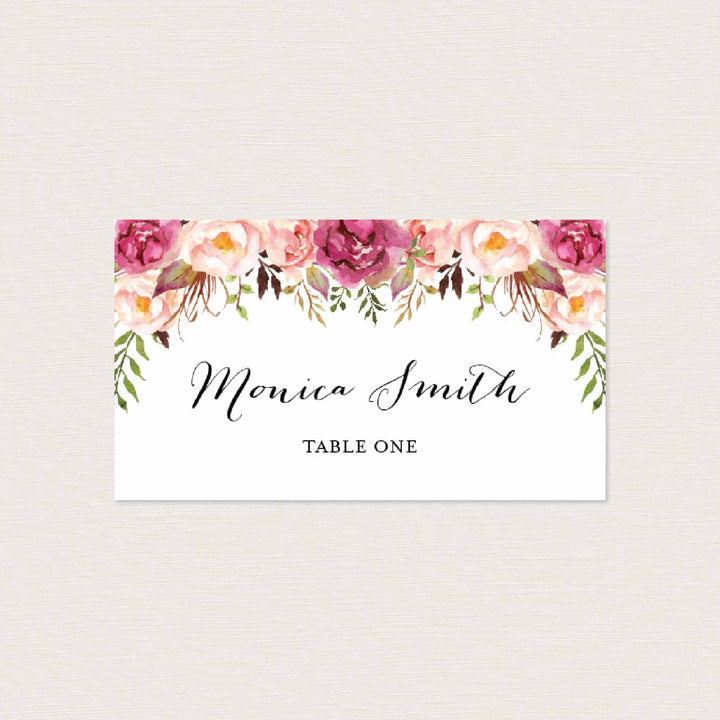 Pink Floral Wedding Place Card Printable