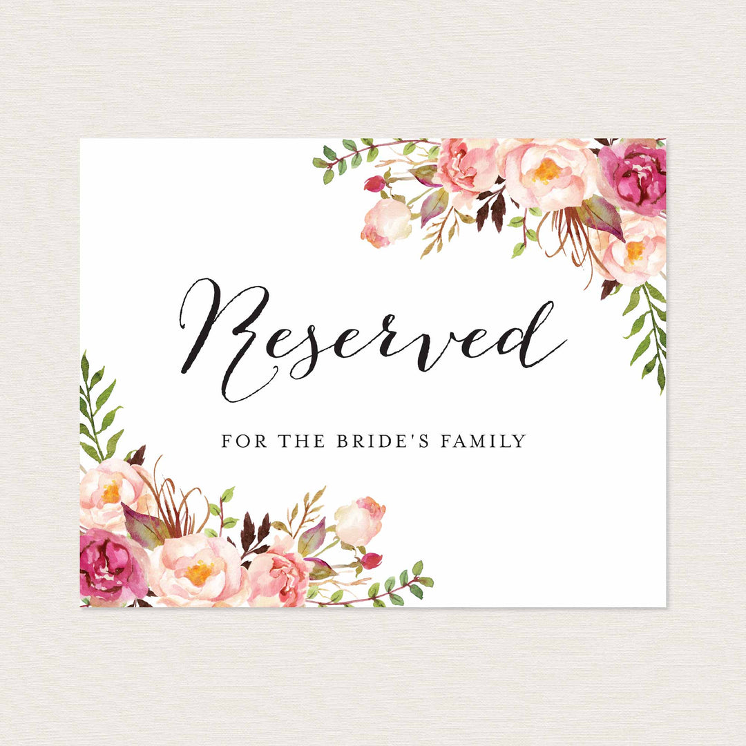 Pink Floral Wedding Reserved Sign Printable