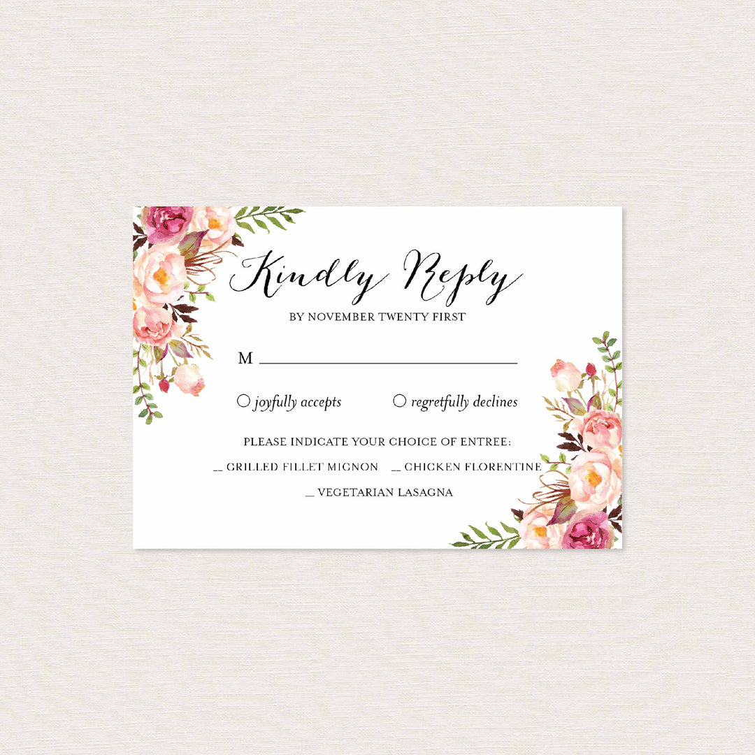 Pink Floral Wedding RSVP Card Printable