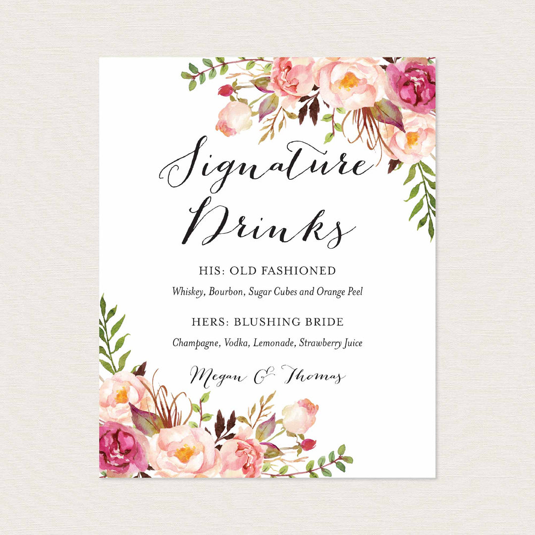 Pink Floral Wedding Signature Drinks Sign Printable