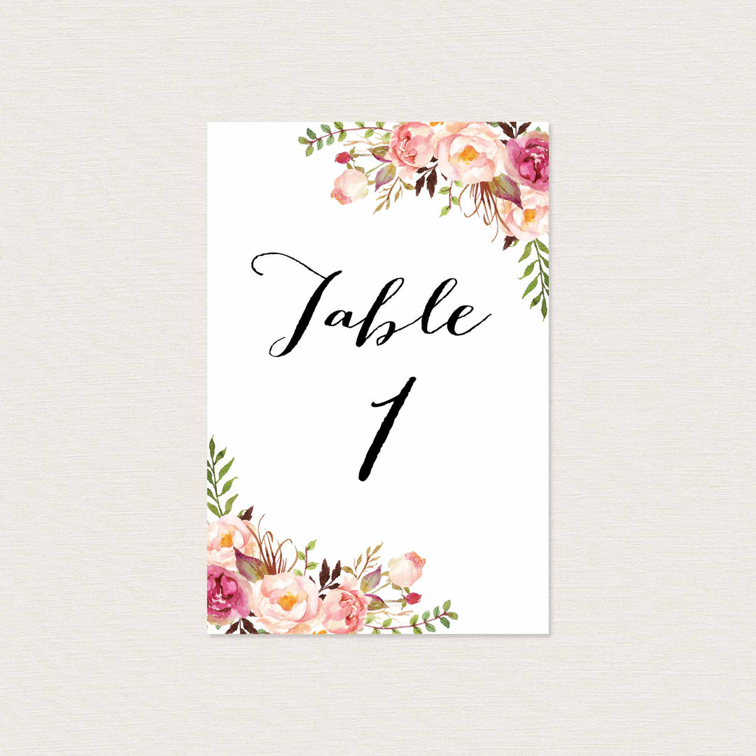 Pink Floral Wedding Table Number Printable