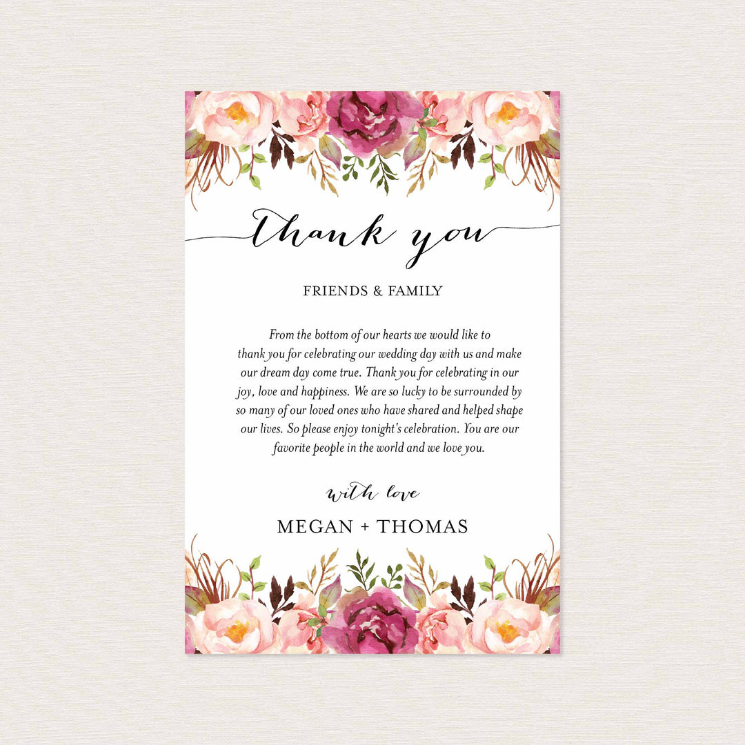 Pink Floral Wedding Thank You Note Printable