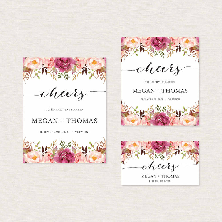 Pink Floral Wedding Wine and Champagne Label Printable