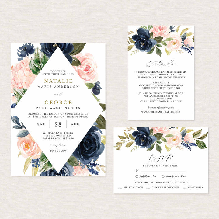 Navy Blush Wedding Suite Printable