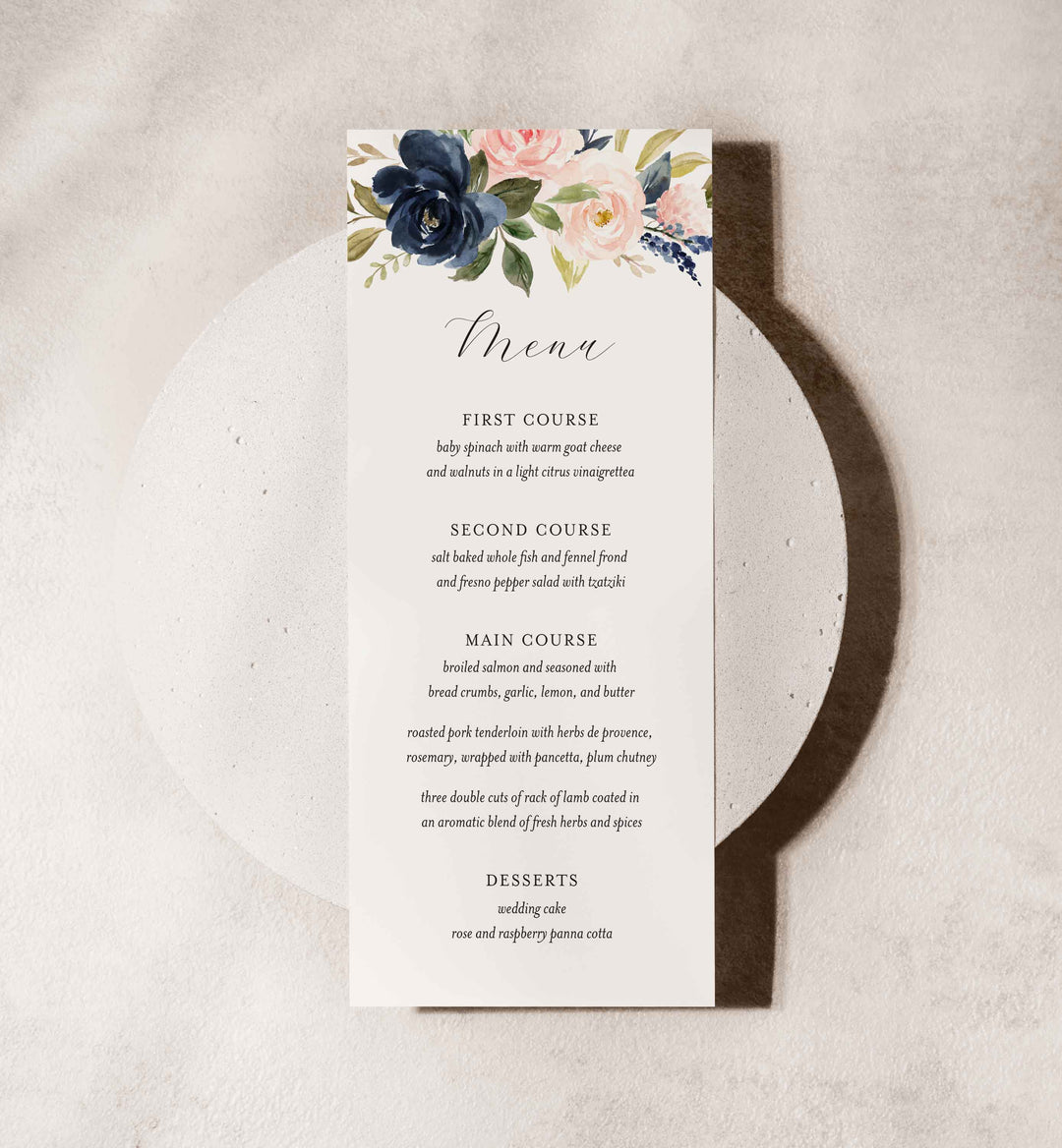 Navy Blush Wedding Menu Card Printable