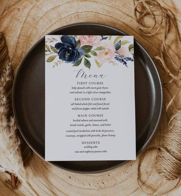 Navy Blush Wedding Menu Card Printable