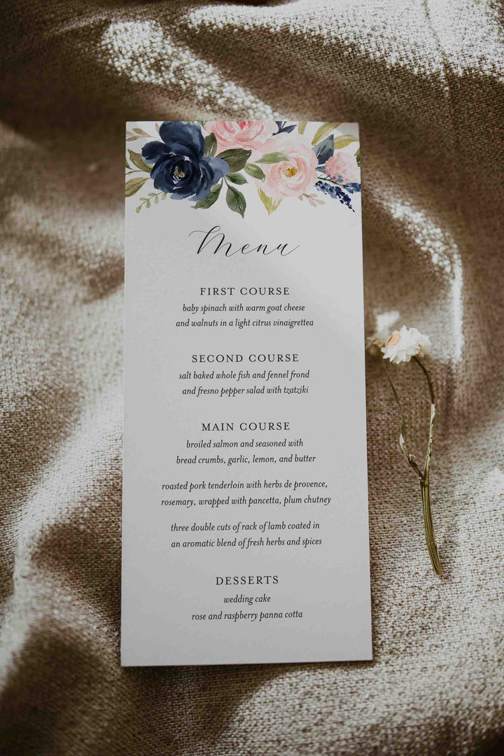 Navy Blush Wedding Menu Card Printable