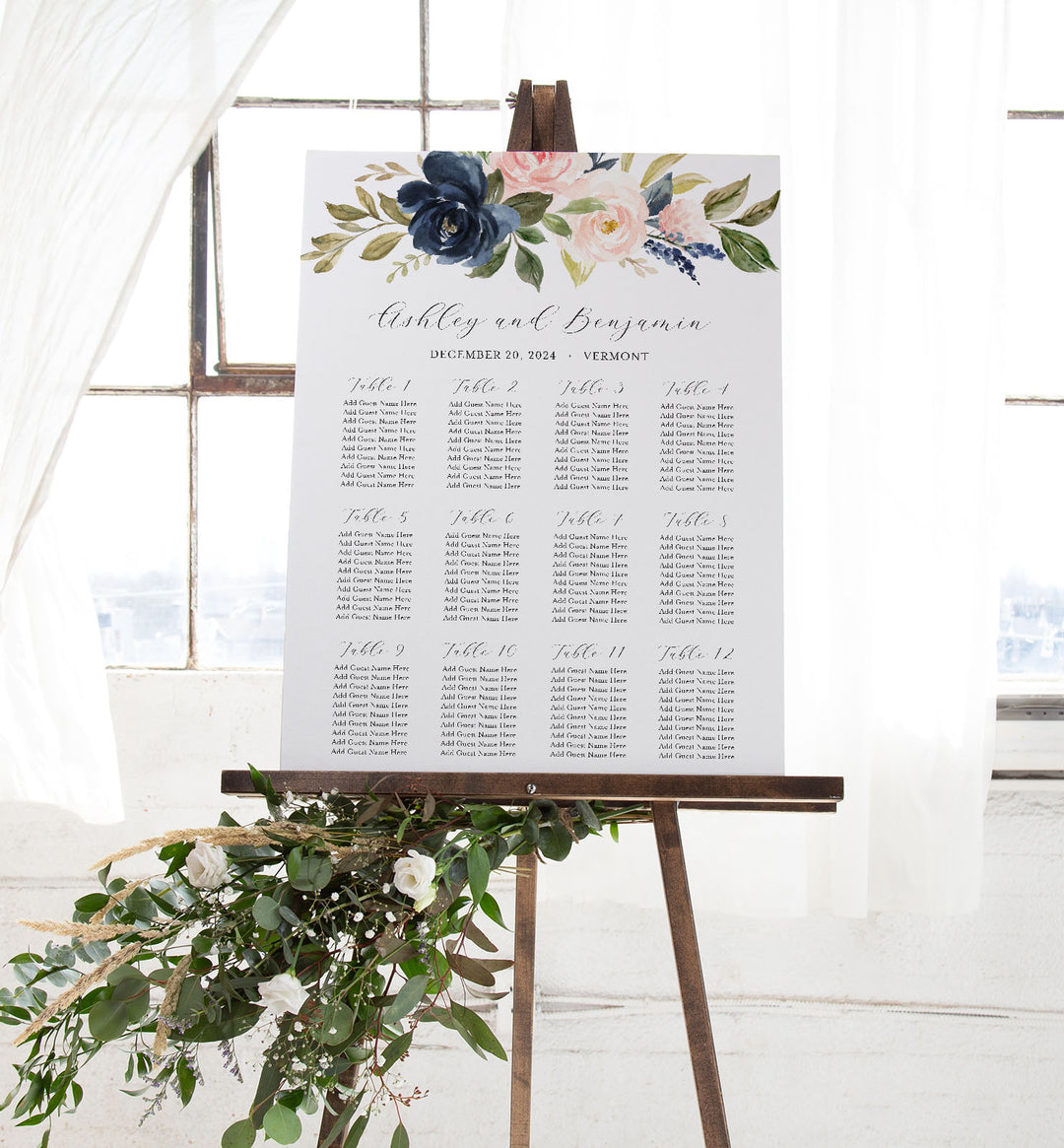 Navy Blush Wedding Seating Chart Sign Printable