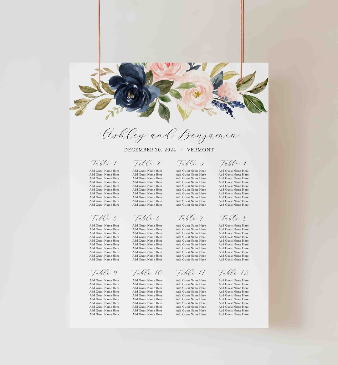 Navy Blush Wedding Seating Chart Sign Printable