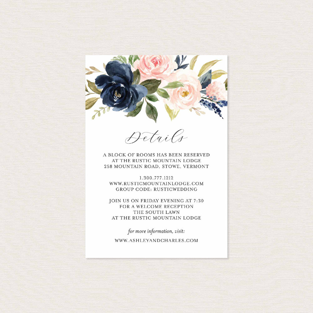 Navy Blush Wedding Details Card Printable