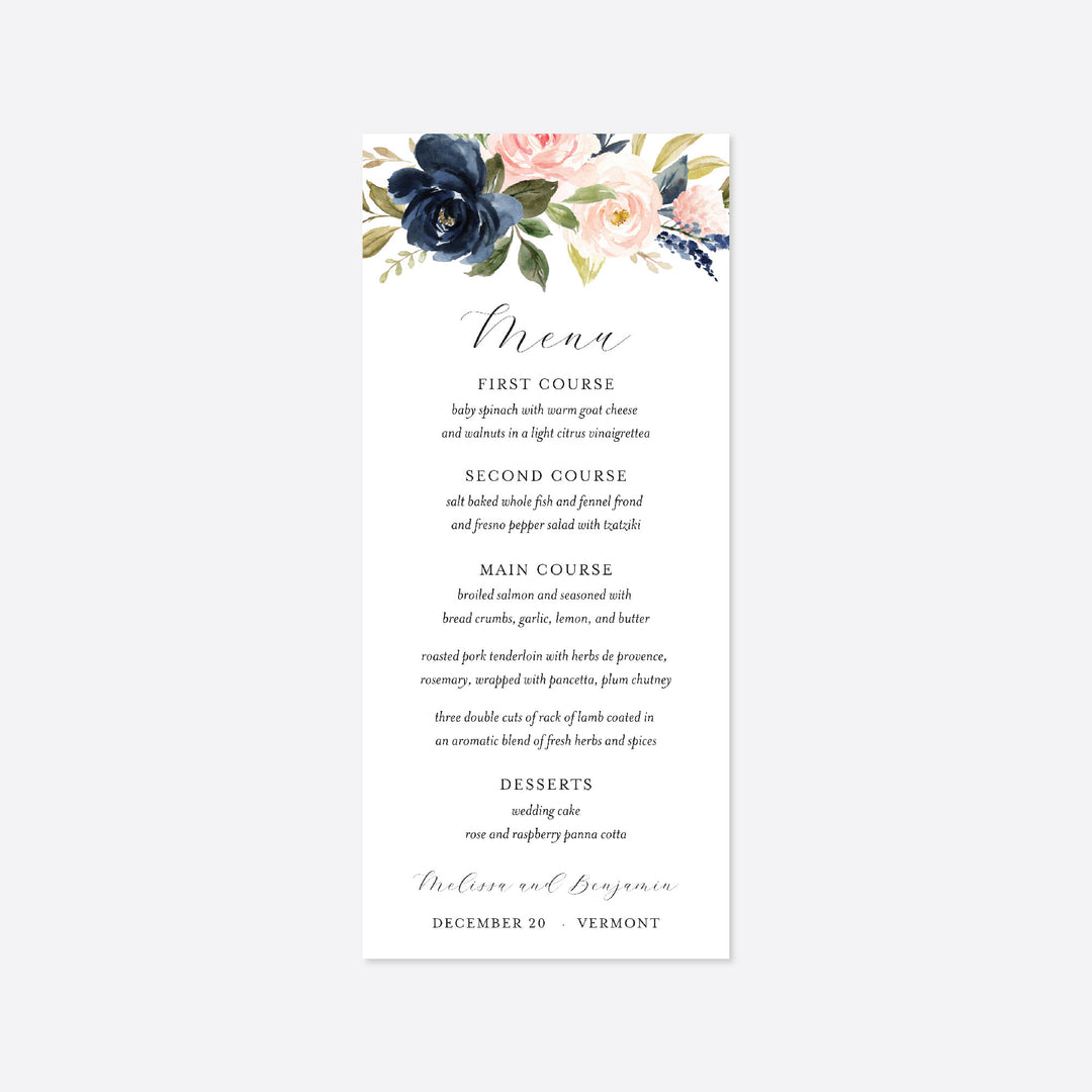 Navy Blush Wedding Menu Card Printable