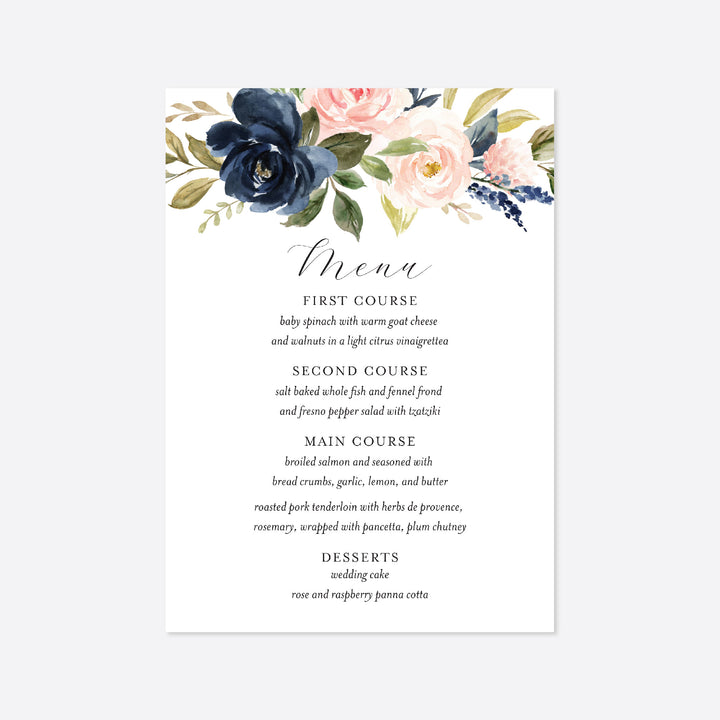 Navy Blush Wedding Menu Card Printable