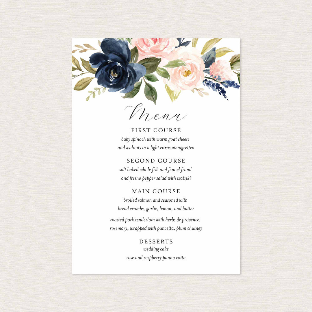 Navy Blush Wedding Menu Card Printable