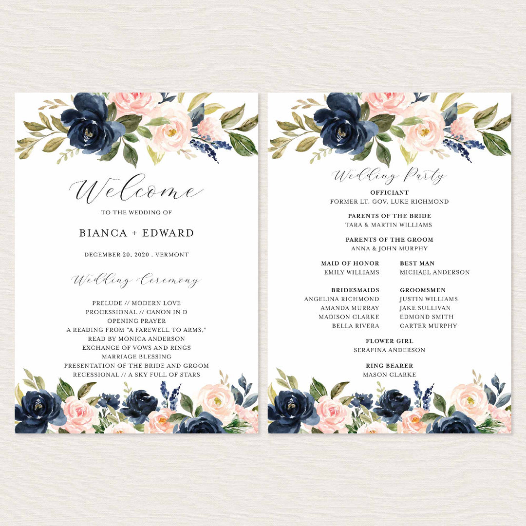 Navy Blush Fan Wedding Program Printable