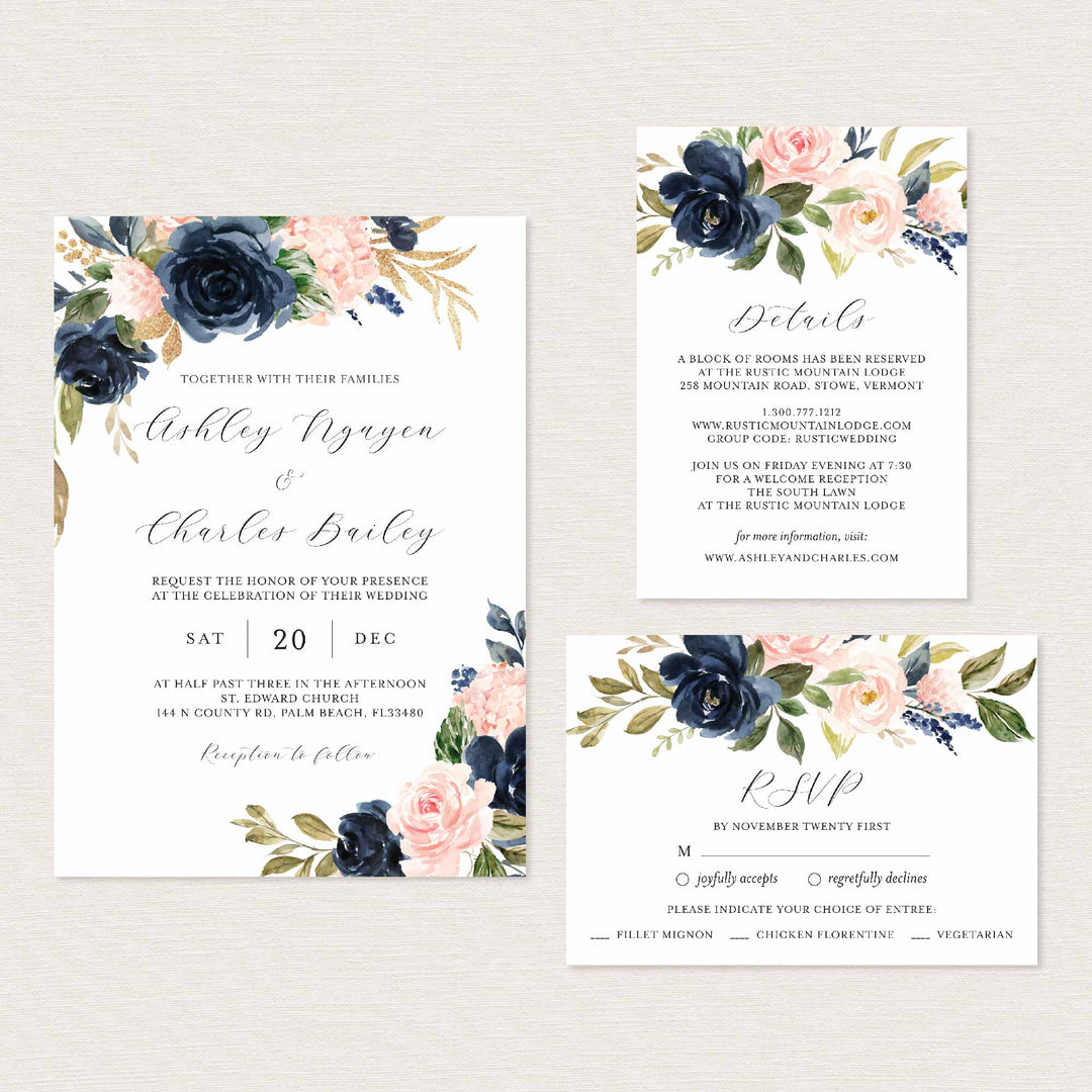 Navy Blush Wedding Suite Printable