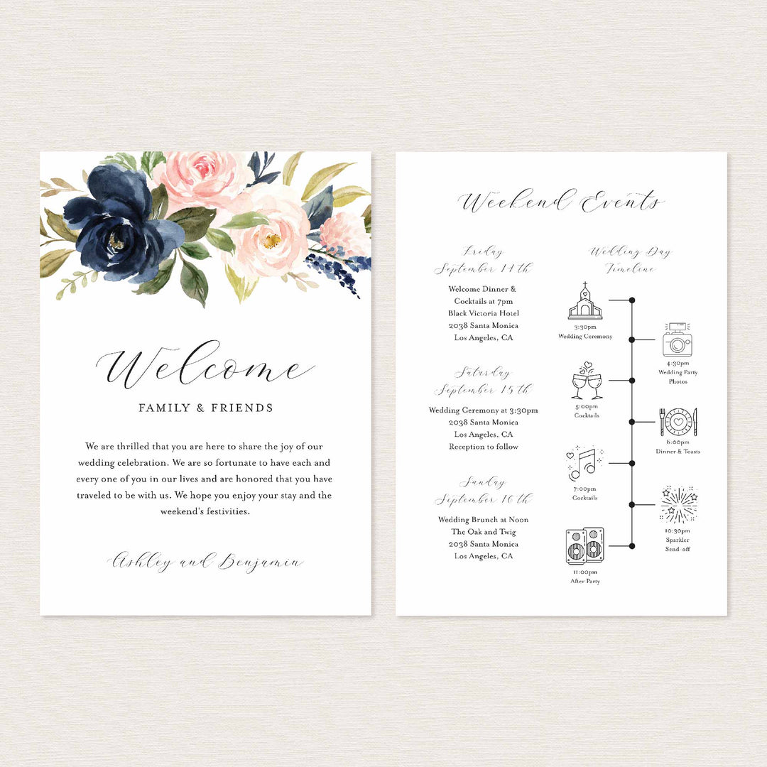 Navy Blush Wedding Welcome Bag Letter and Timeline or Itineraries Printable