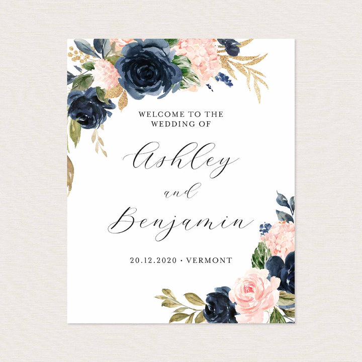 Navy Blush Wedding Welcome Sign Printable