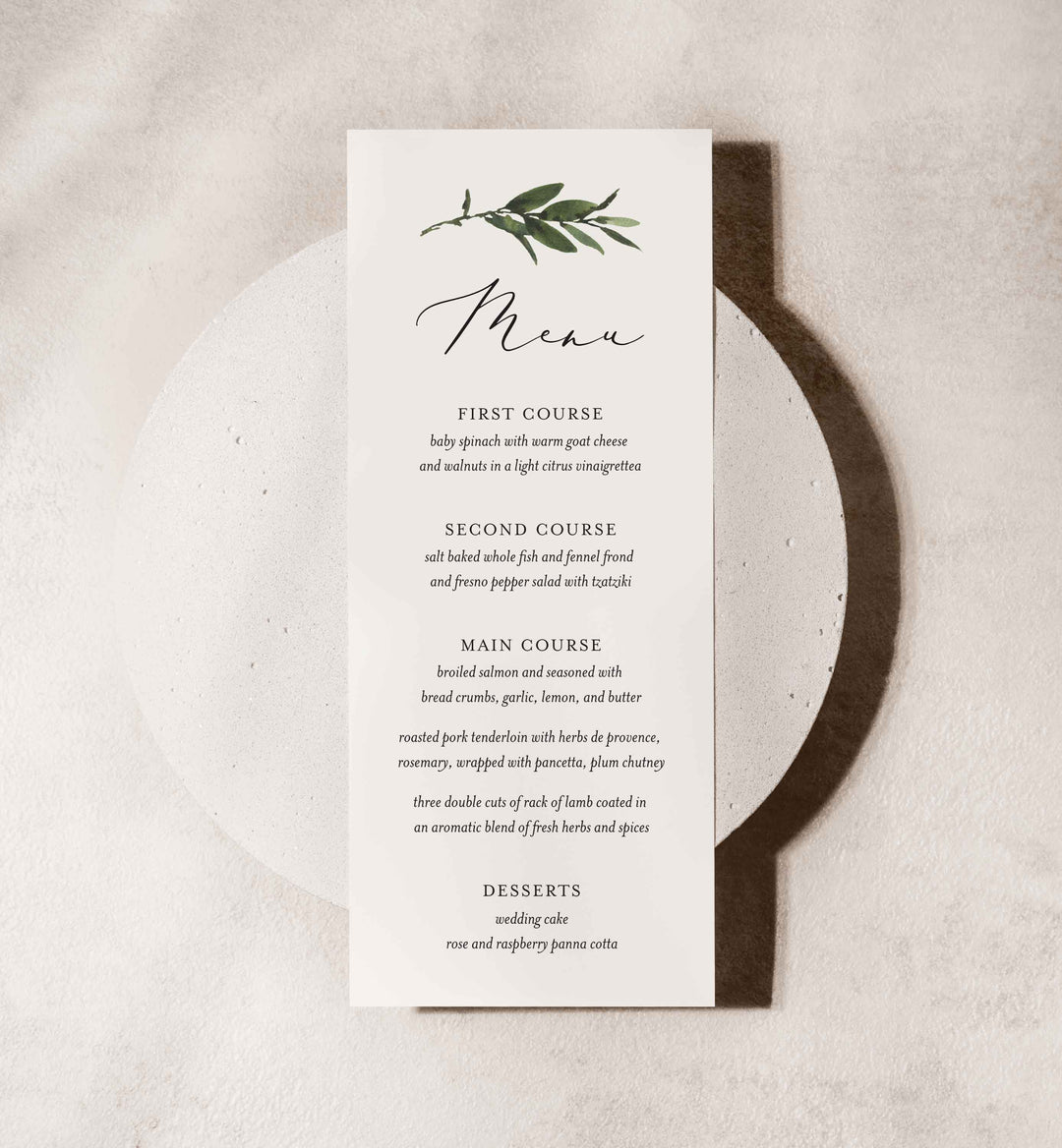 Foliage Wedding Menu Card Printable