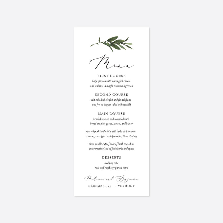Foliage Wedding Menu Card Printable