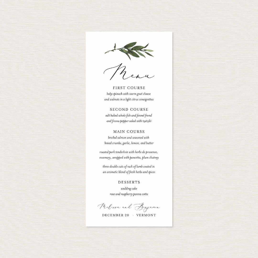 Foliage Wedding Menu Card Printable