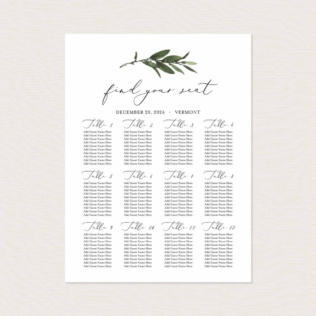 Foliage Wedding Seating Chart Sign Printable