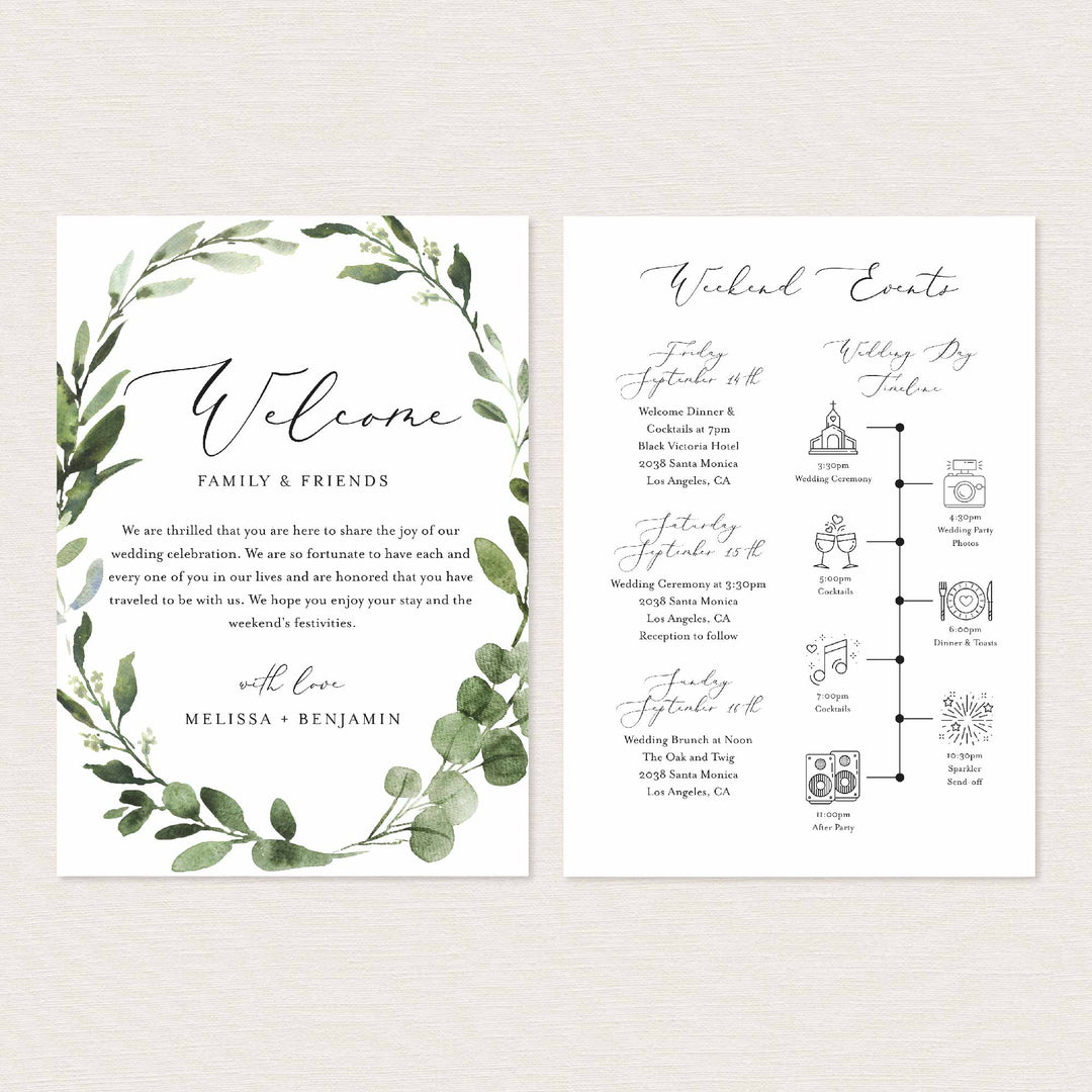 Foliage Wedding Welcome Bag Letter and Timeline or Itineraries Printable