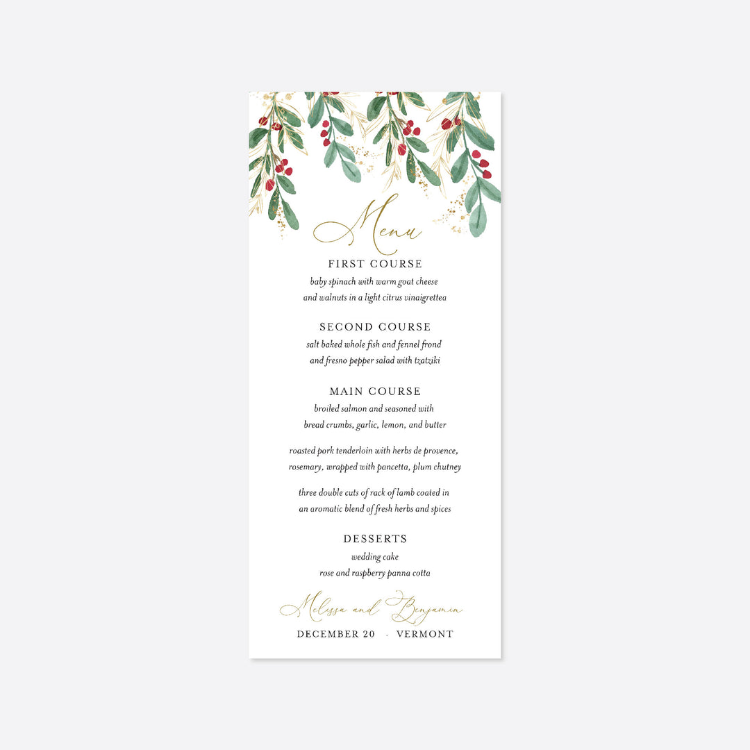Winter Berry Wedding Menu Card Printable