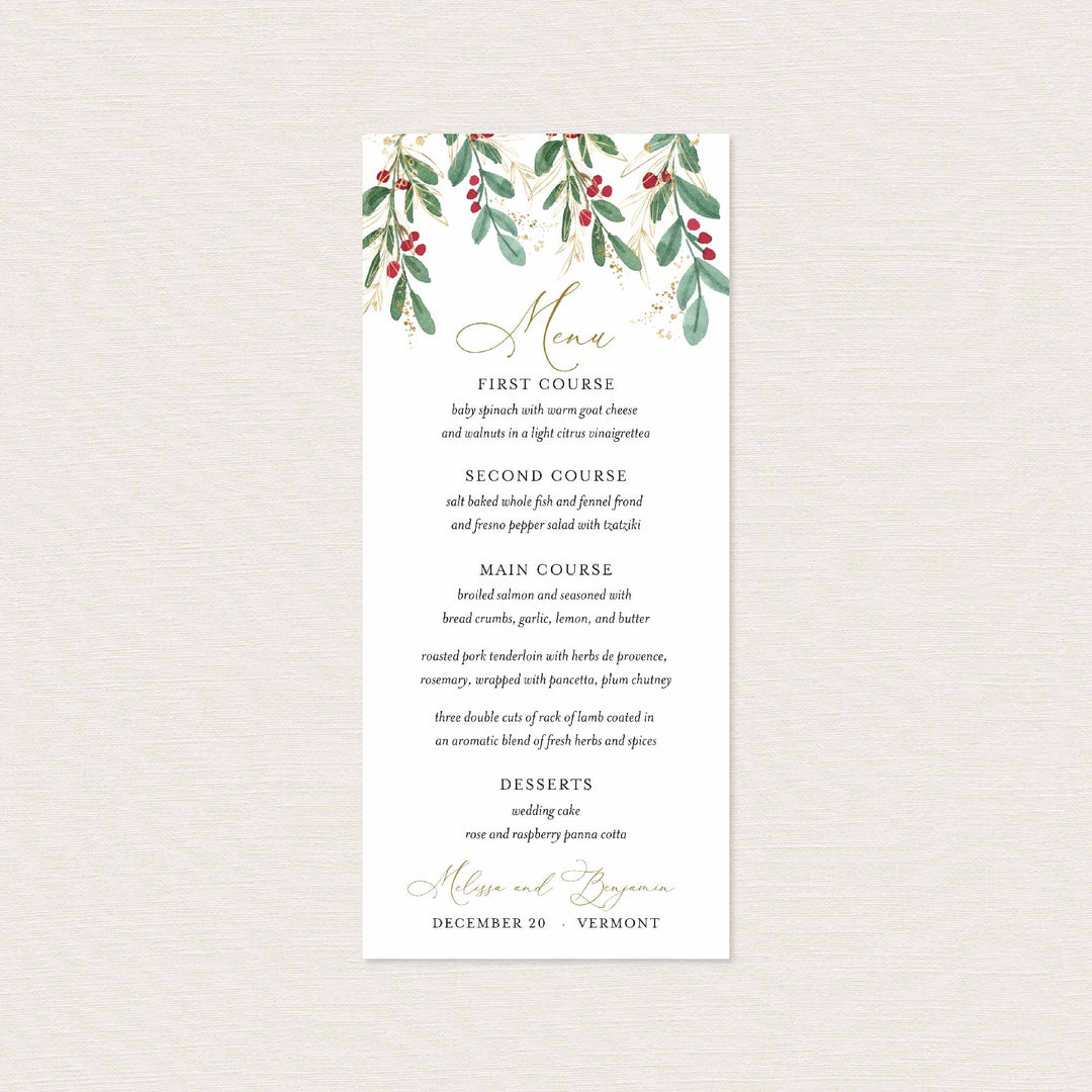 Winter Berry Wedding Menu Card Printable