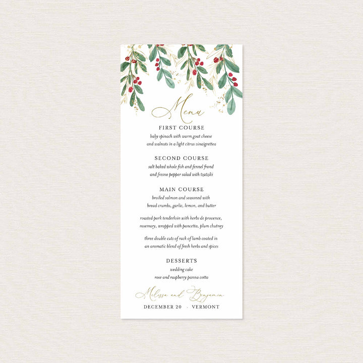 Winter Berry Wedding Menu Card Printable