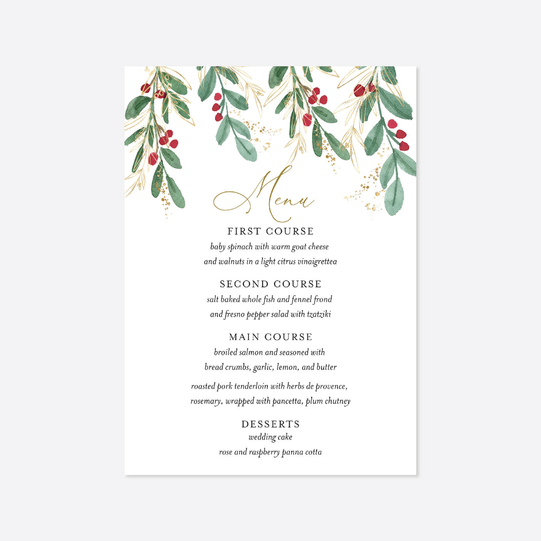 Winter Berry Wedding Menu Card Printable