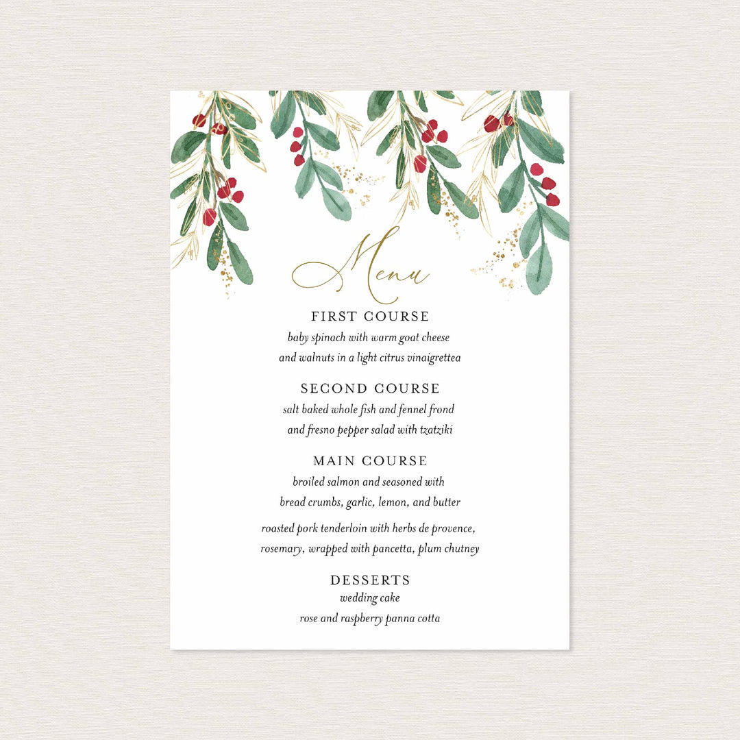 Winter Berry Wedding Menu Card Printable