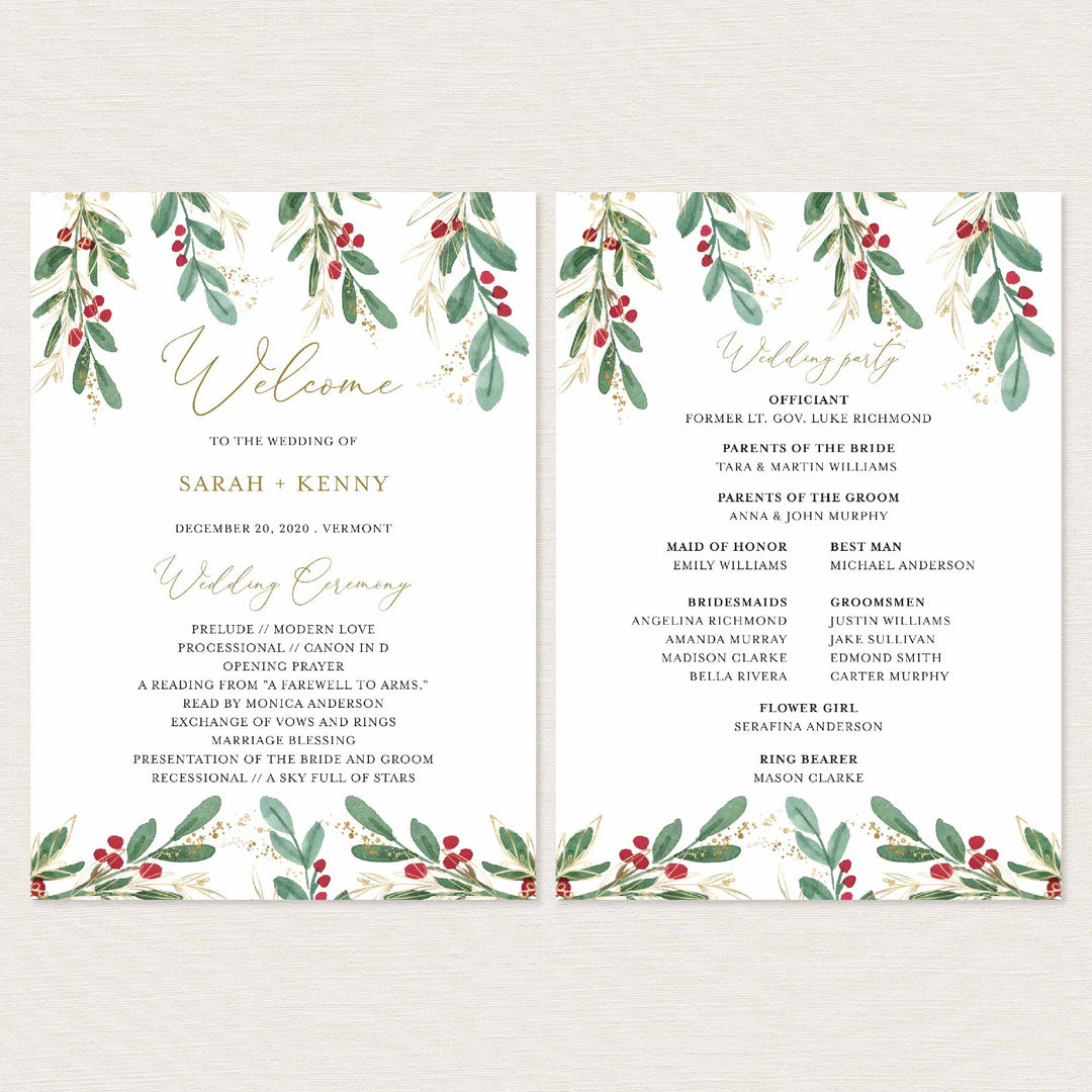 Winter Berry Fan Wedding Program Printable