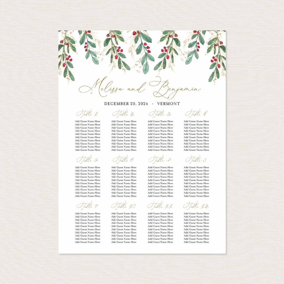 Winter Berry Wedding Seating Chart Sign Printable