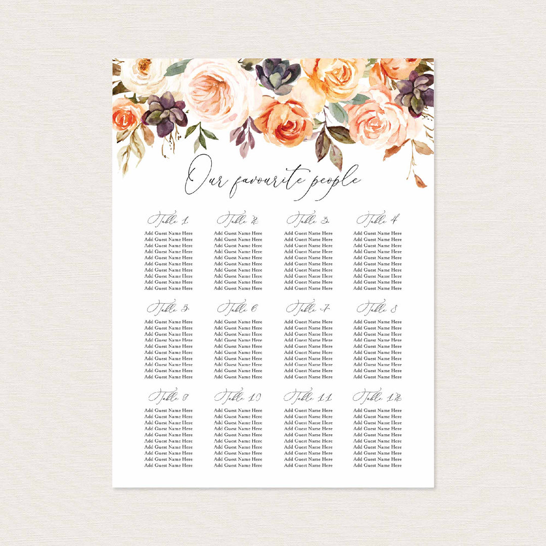 Autumn Garden Wedding Seating Chart Sign Printable