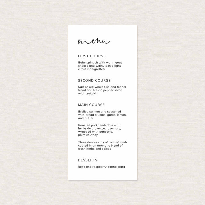 Modern Minimal Wedding Menu Card Printable