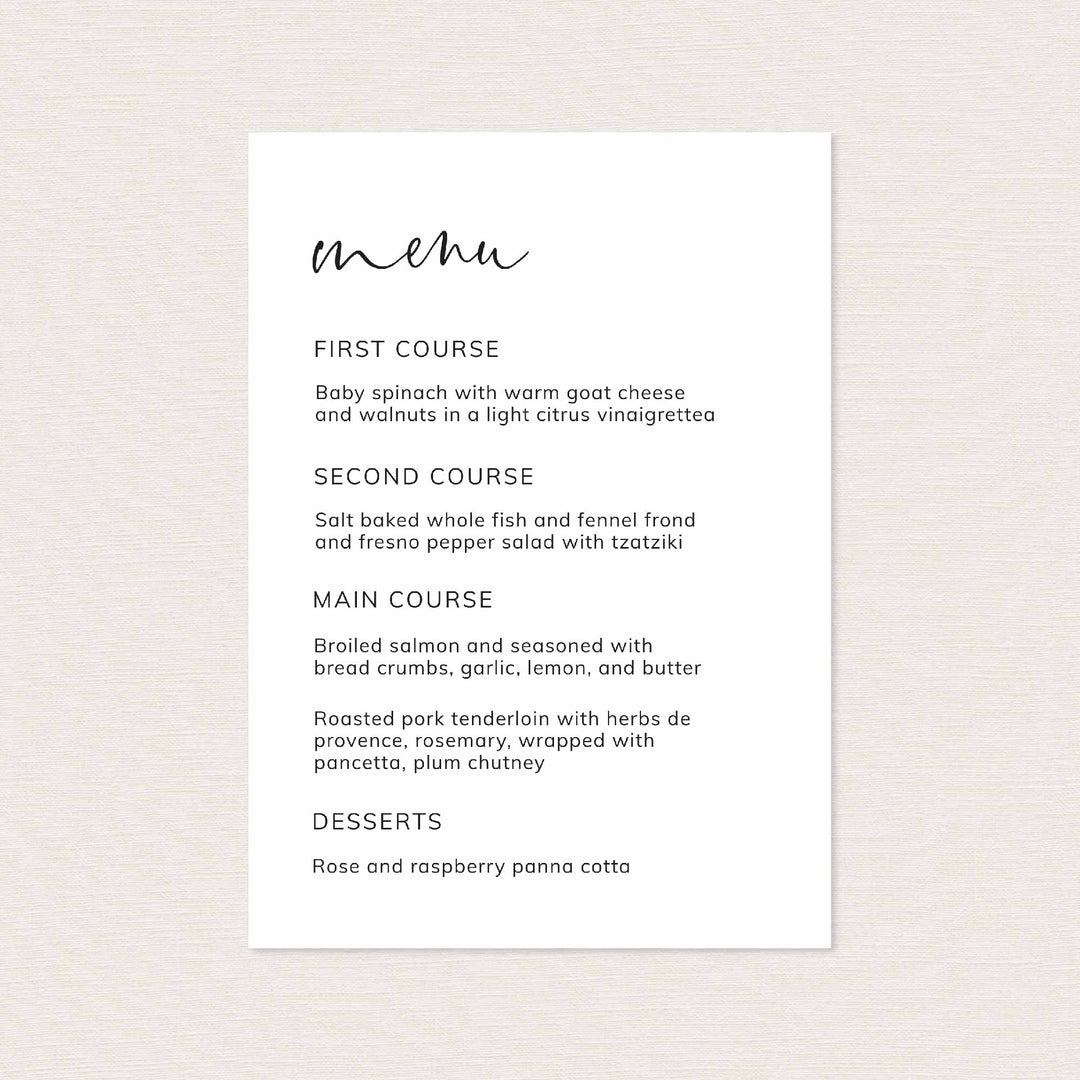 Modern Minimal Wedding Menu Card Printable