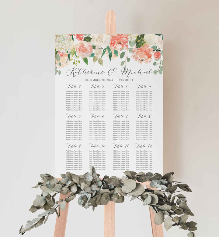 Peach and Cream Wedding Seating Chart Sign Printable