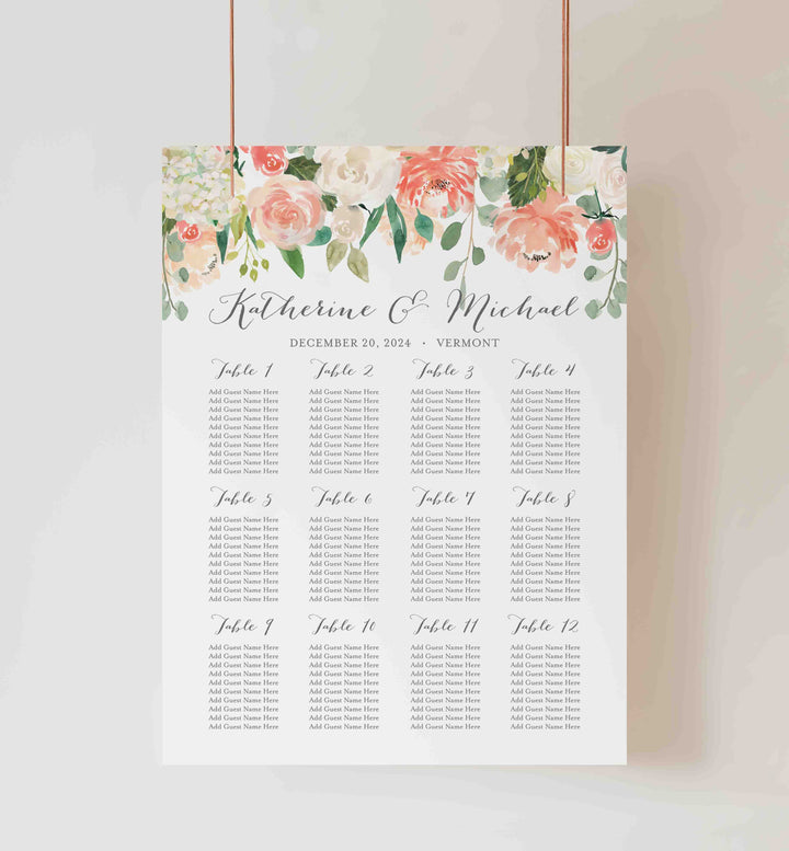 Peach and Cream Wedding Seating Chart Sign Printable