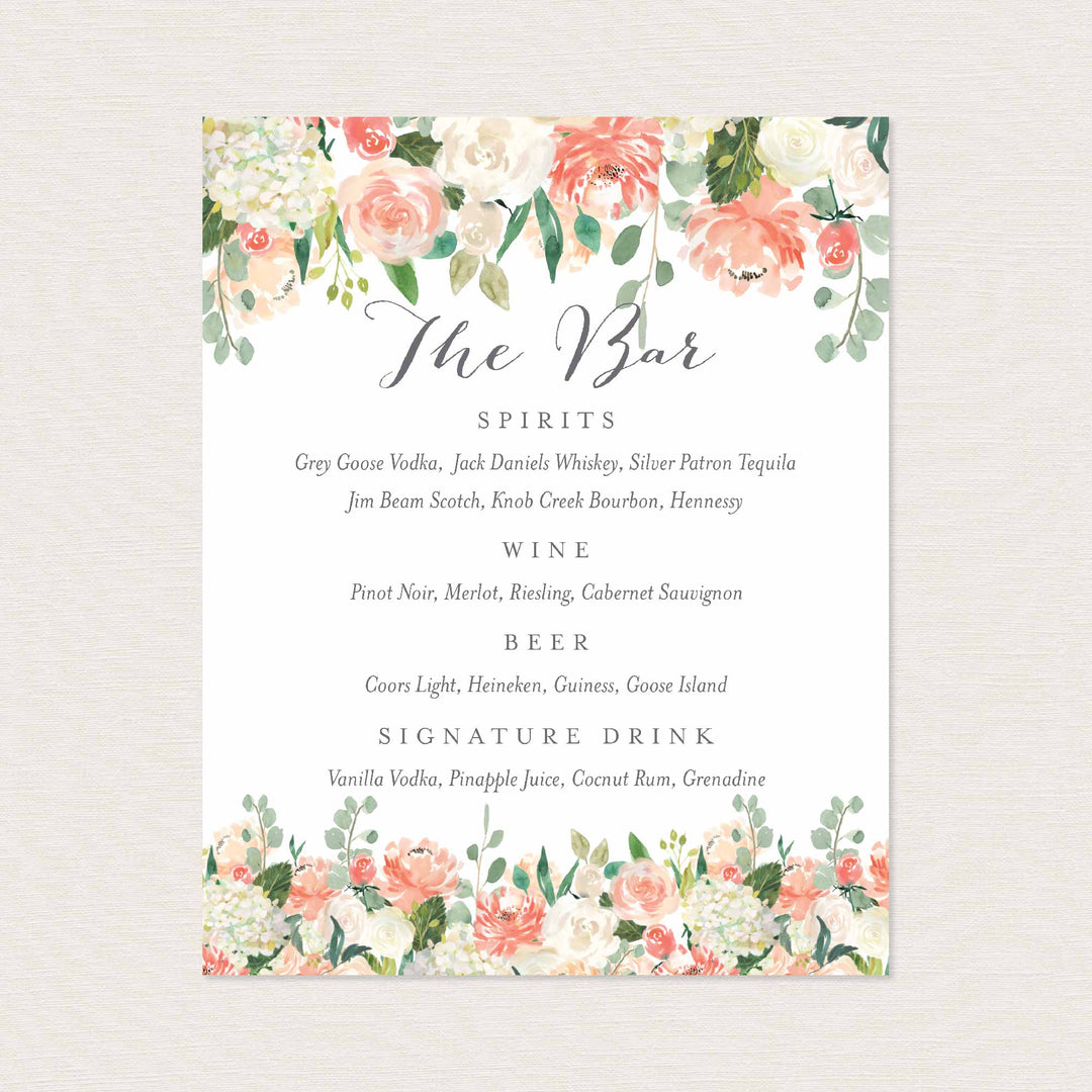 Peach and Cream Wedding Bar Menu Sign Printable