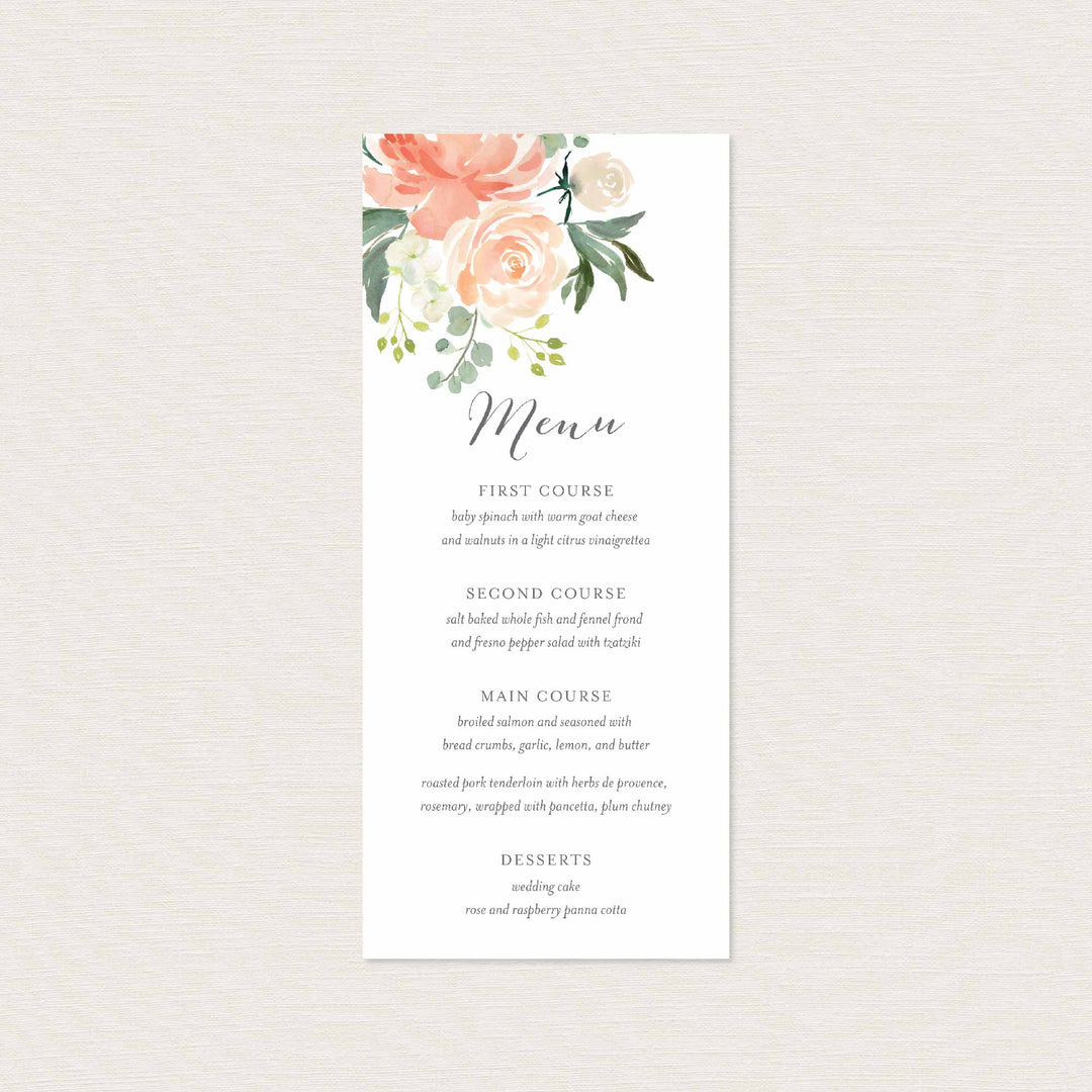 Peach and Cream Wedding Menu Card Printable