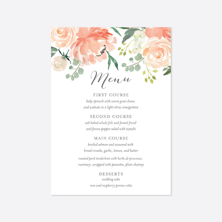 Peach and Cream Wedding Menu Card Printable