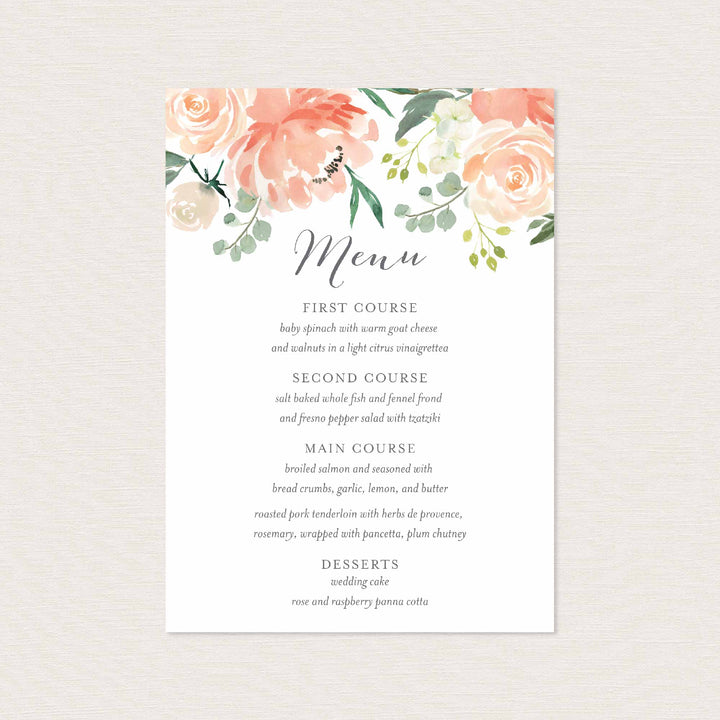 Peach and Cream Wedding Menu Card Printable