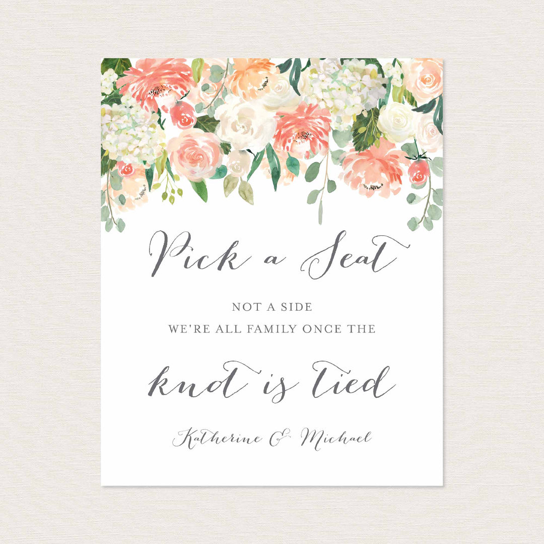 Peach and Cream Wedding Pick A Seat Not A Side Sign Printable