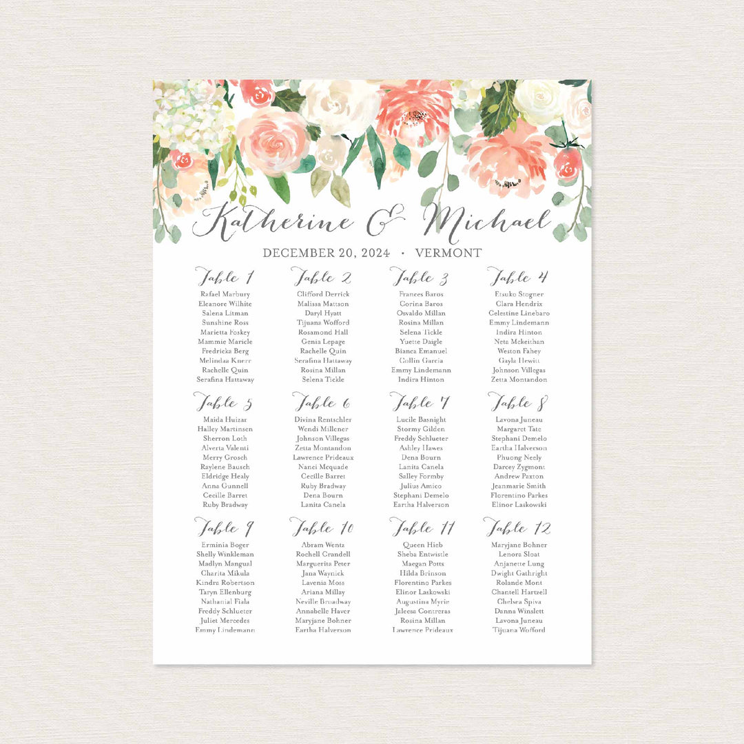 Peach and Cream Wedding Seating Chart Sign Printable