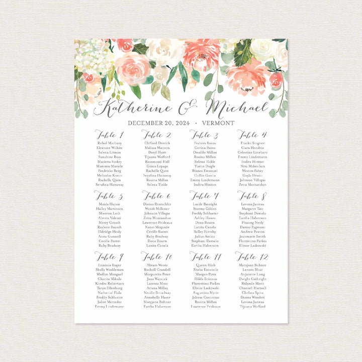 Peach and Cream Wedding Seating Chart Sign Printable